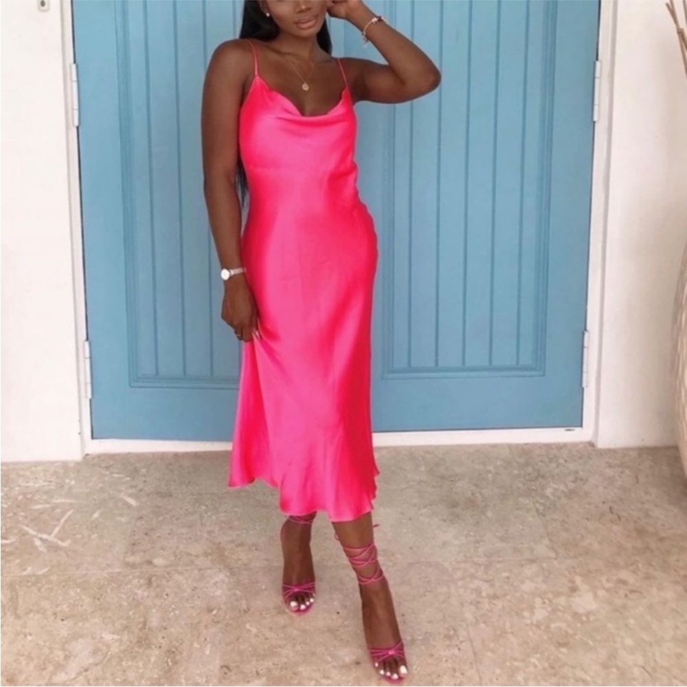 NEW Zara Pink Satin Cami‎ Cowl Neck Slip Midi Dress